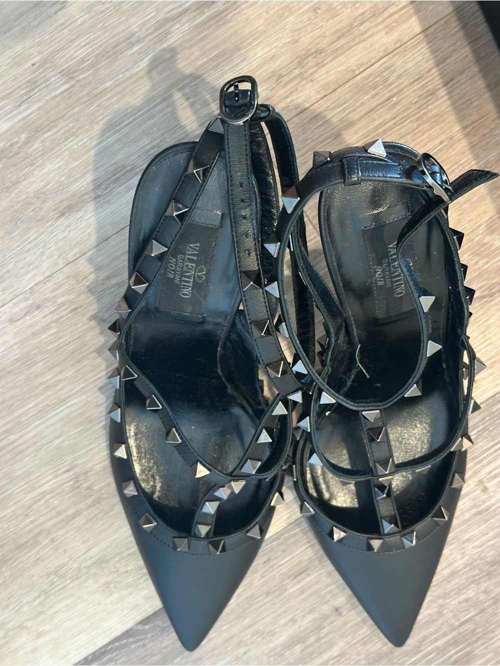 Valentino Black Pointed Rockstud Strappy Flats